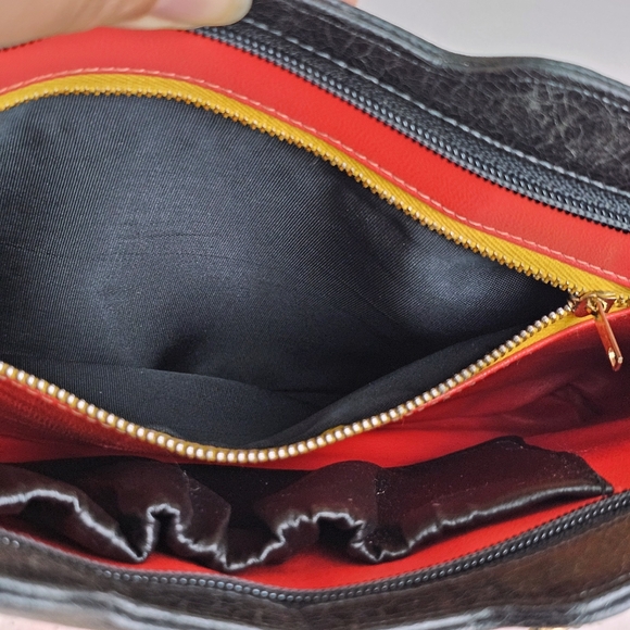 Vintage 1970s Rare Black Leather Handbag | Gold U-Handles | Red Leather Lining